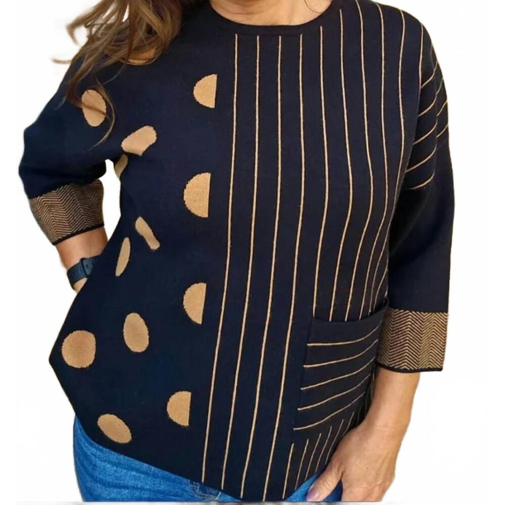 NEW PICADILLY 3/4 sleeves striped polka-dot top in camel/black